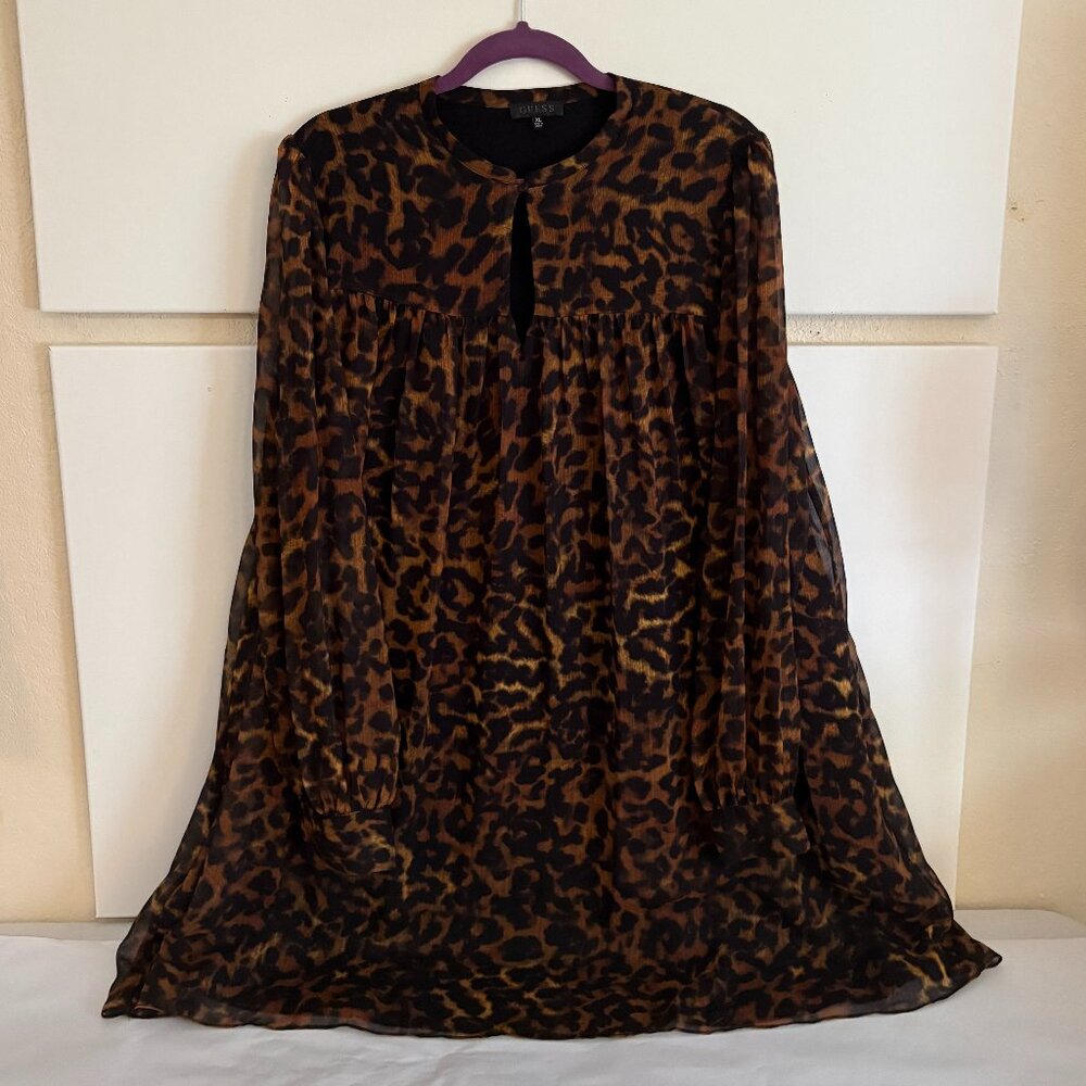 Guess Leopard Print Chiffon Flowy Long Sleeve Shift Silhouette Mini Dress Sz XL